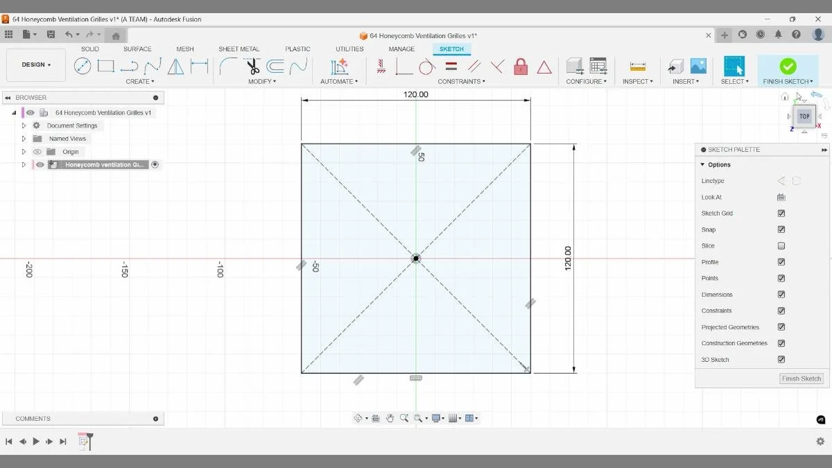 fusion sketch center rectangle 120mm grid