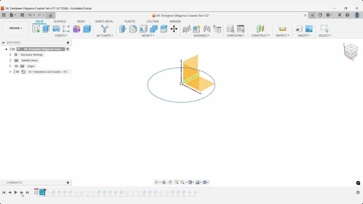 Fusion sketch with a 100 mm construction circle defining the leaf coaster footprint.