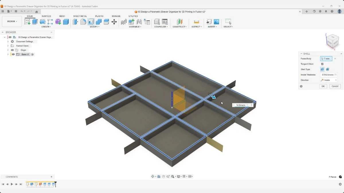 Shell command applied to the organizer to generate uniform wall thickness.
