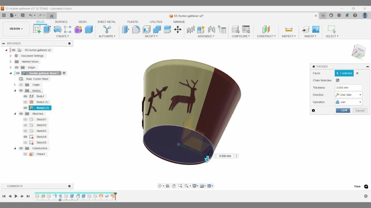 Thickening the patched bottom surface of the bowl in Autodesk Fusion