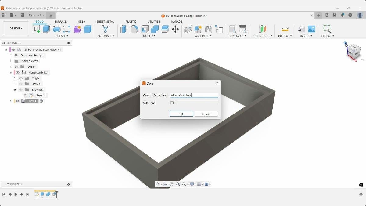 Fusion Save dialog open after adding clearance to the honeycomb soap holder box.