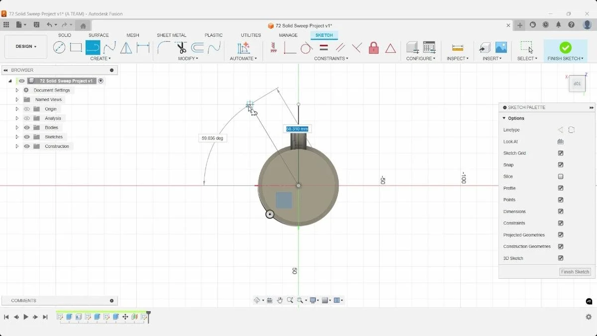 Fusion angle dimension controlling sweep path direction