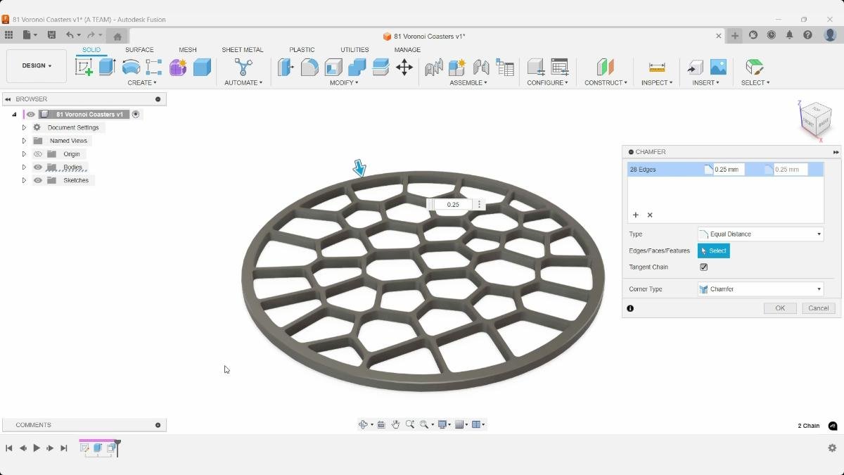 Fusion Chamfer tool applying a 0.25 mm bevel to 28 edges of the Voronoi coaster.