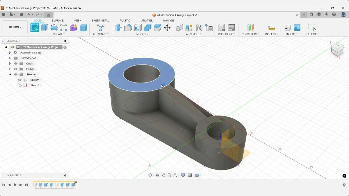 Mechanical linkage solid model in Fusion with a new sketch created on the model to define the slot feature cutout