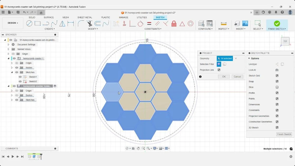 Projecting honeycomb pattern geometry in Fusion to align the holder walls with the coaster design.