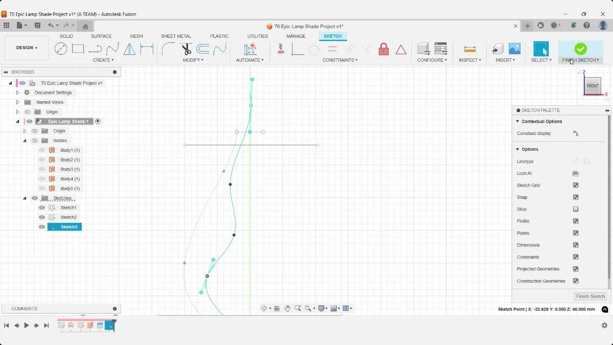 Fusion lampshade spline sketching workflow