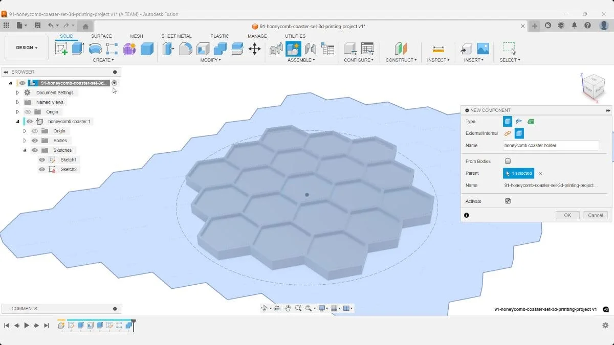 Creating a new component for the Honeycomb Coaster Holder to design a matching stand in Fusion.