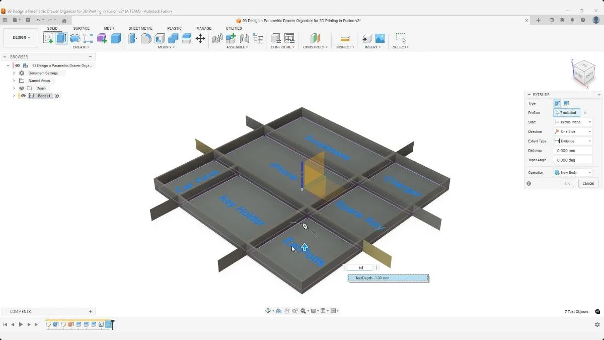 Extruding text profiles using a shared text-depth parameter.