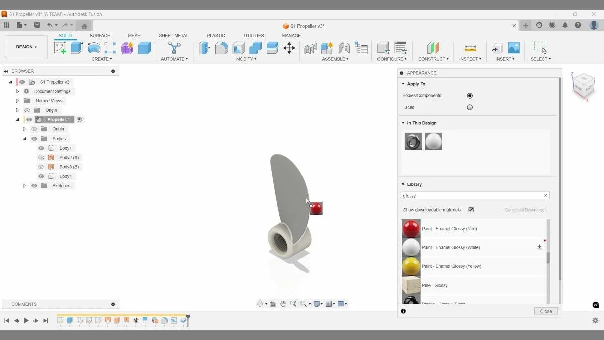 Fusion appearance panel applying glossy material to propeller blade.
