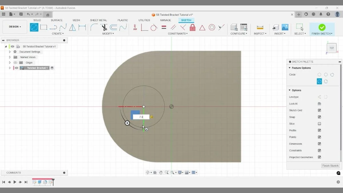 fusion sketch hole circle profile twisted bracket tutorial