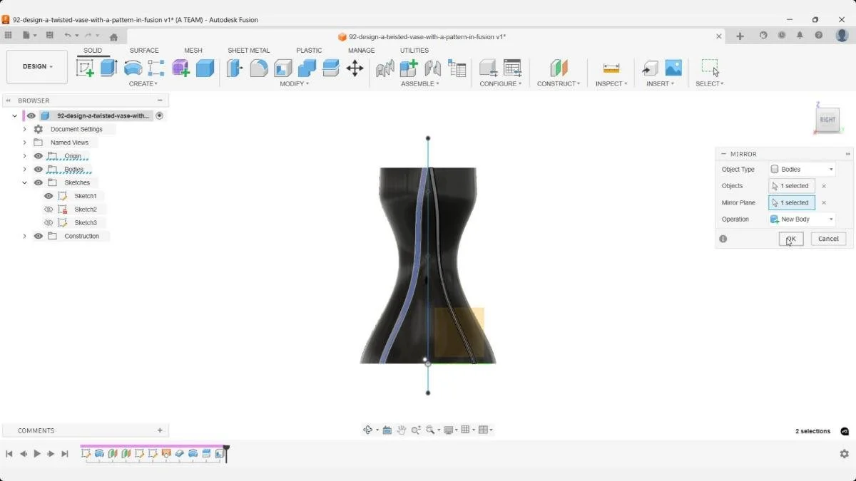 Mirroring the vase surface body across the center construction line in Fusion.