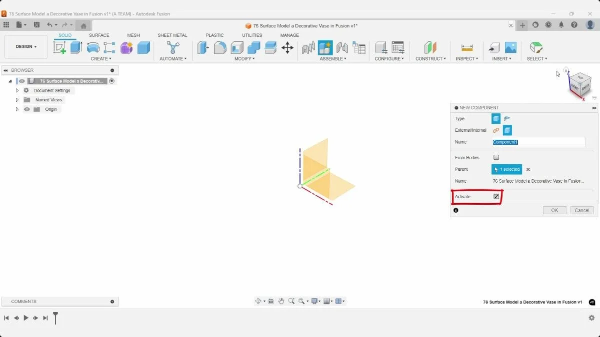 Creating and activating a new component in Autodesk Fusion before starting the vase model.