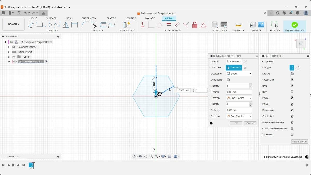 Fusion Rectangular Pattern dialog with six hexagon edges selected for the honeycomb soap holder.