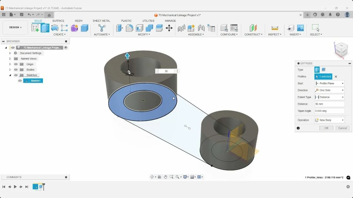 Extruding larger linkage cylinder in Fusion