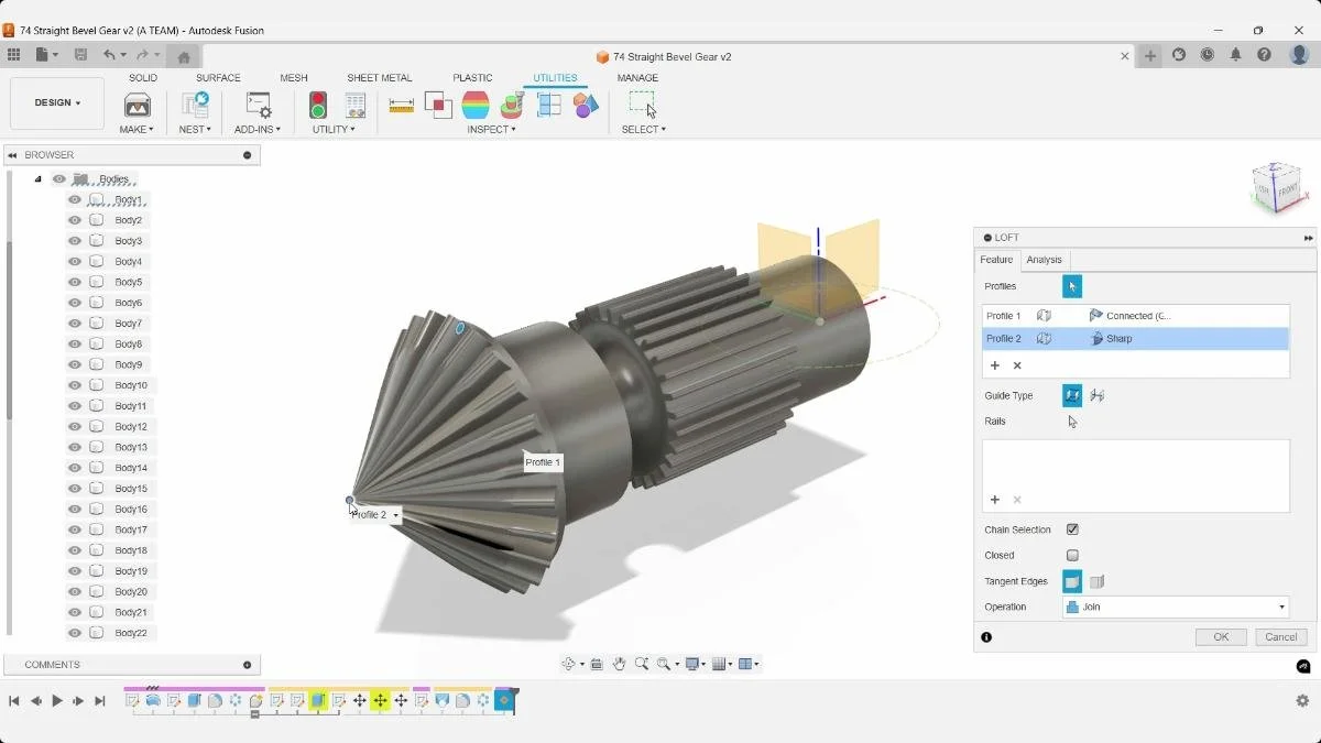 Loft join operation connecting bevel gear face to apex point