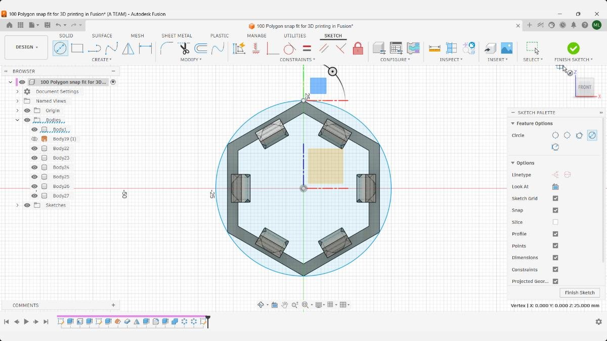 Fusion circle sketch on the rear face of the polygon snap fit assembly.