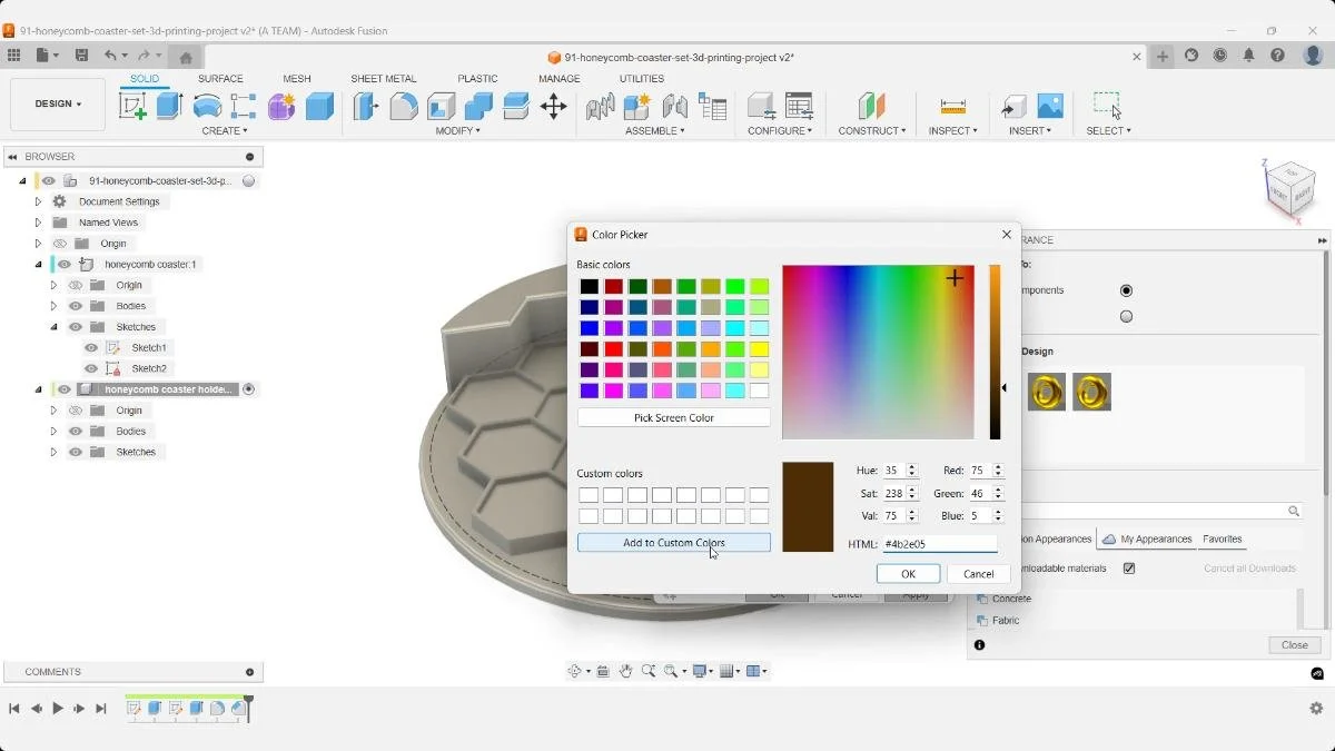 Adding a custom HTML color code in Fusion’s Color Picker to set exact colors or choose shades visually.