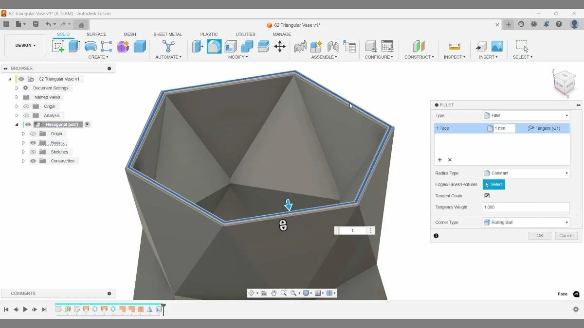 Fusion Fillet applied to top edge of triangular vase