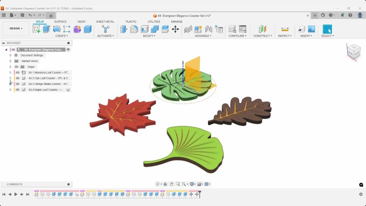 Four colored leaf coaster designs arranged together in Fusion.