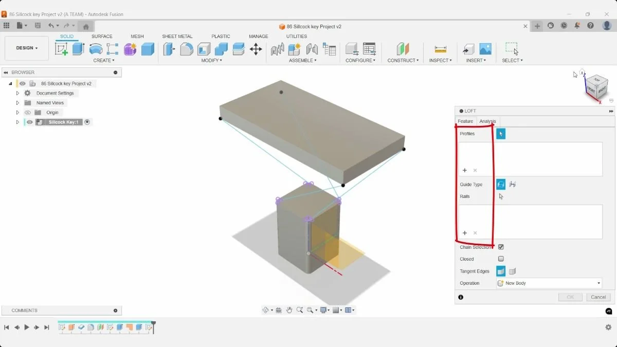 Fusion Loft dialog with separate Profiles and Rails selection areas for the sillcock key.