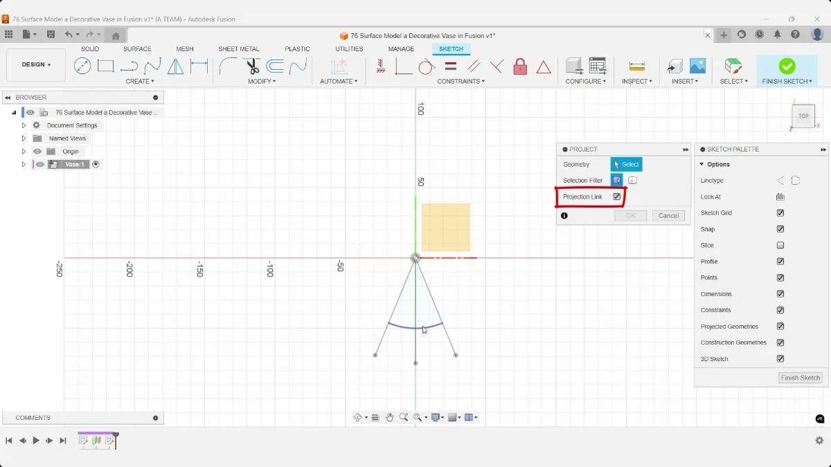 Project tool with Projection Link enabled in Autodesk Fusion.