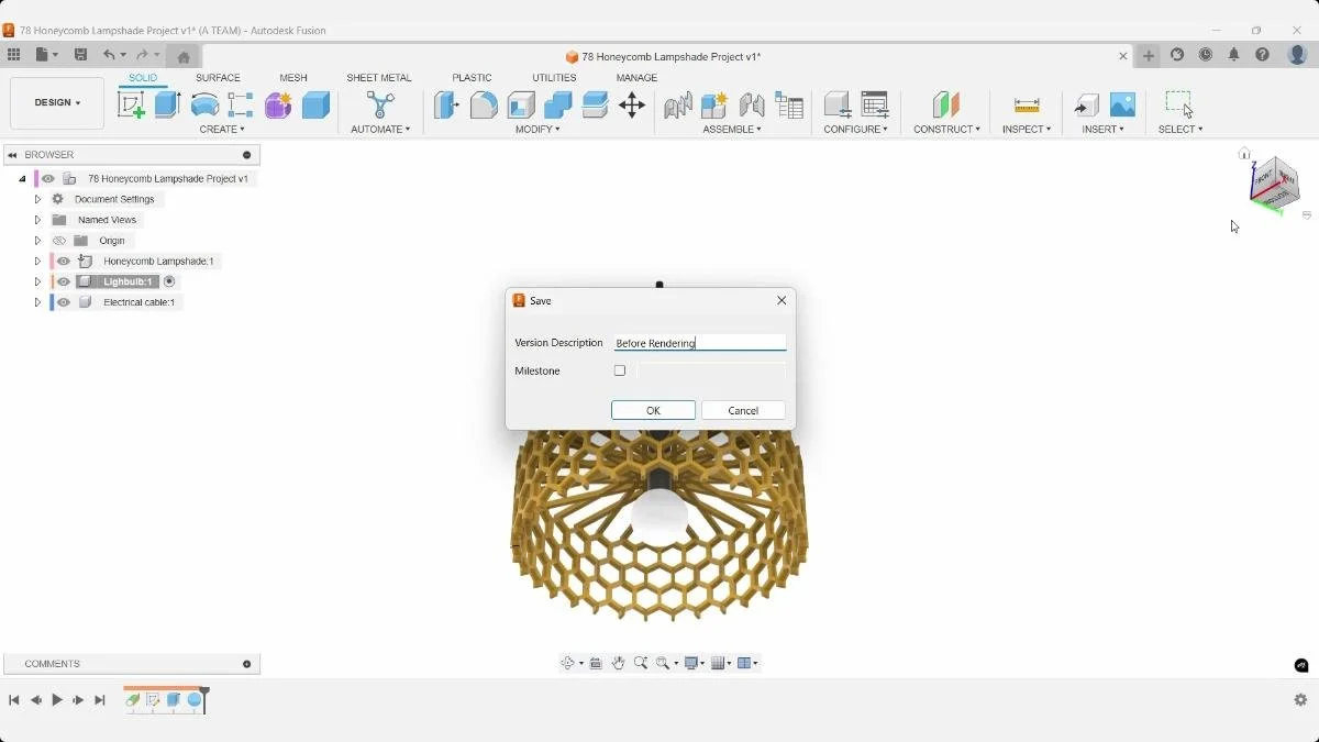 Fusion Save dialog creating a new project version before rendering the honeycomb lampshade.