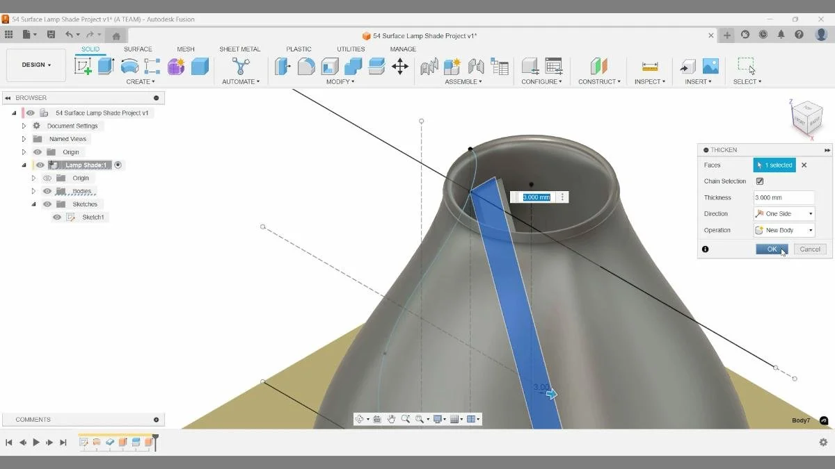 Thickening an extruded pattern surface to 3 mm using the Thicken command in Fusion.