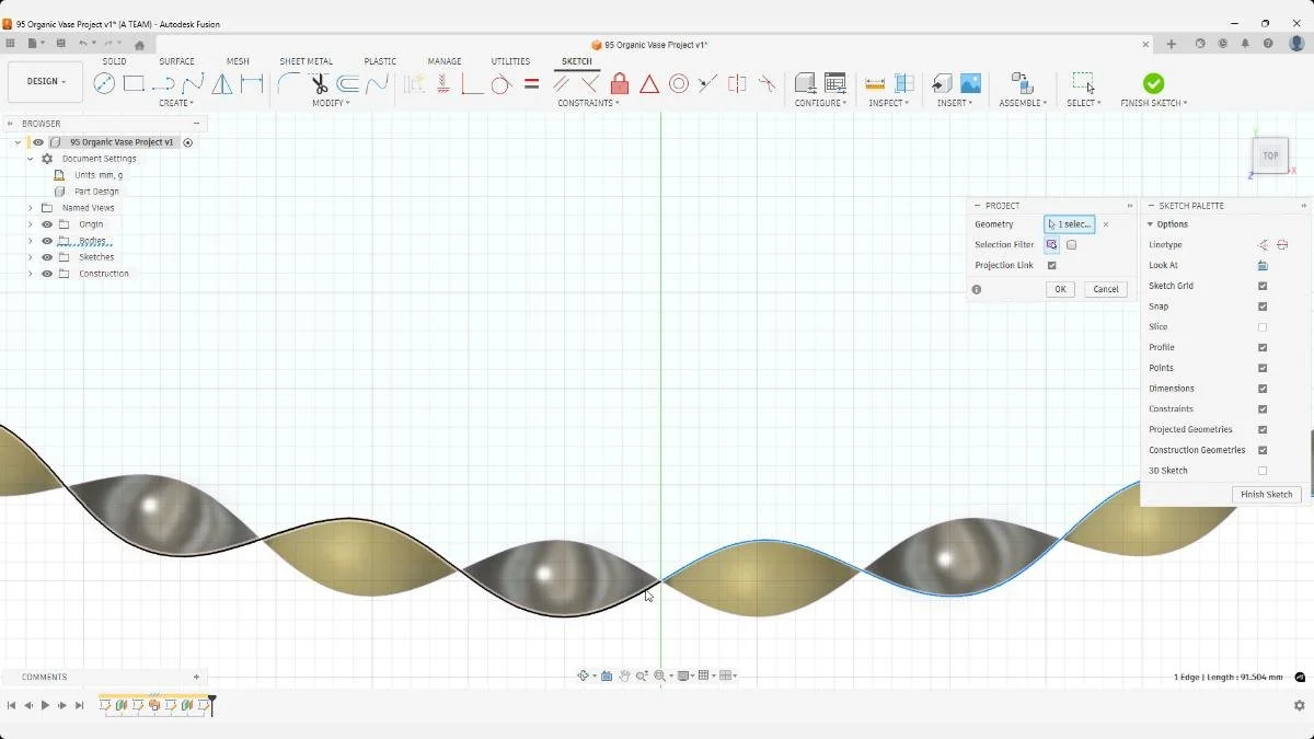Fusion projecting wave curves onto sketch plane to create associative guide geometry for pen holder