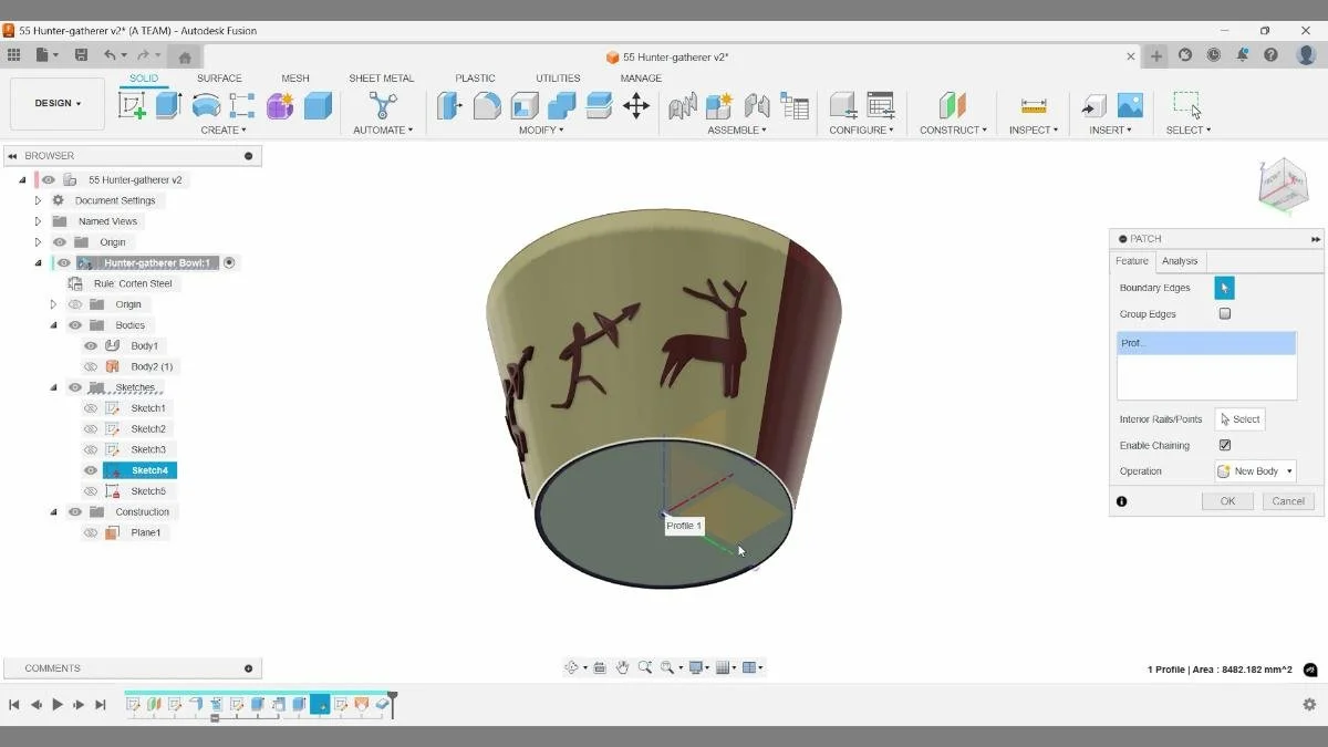 Patching the open bottom of the bowl in Autodesk Fusion using surface modeling