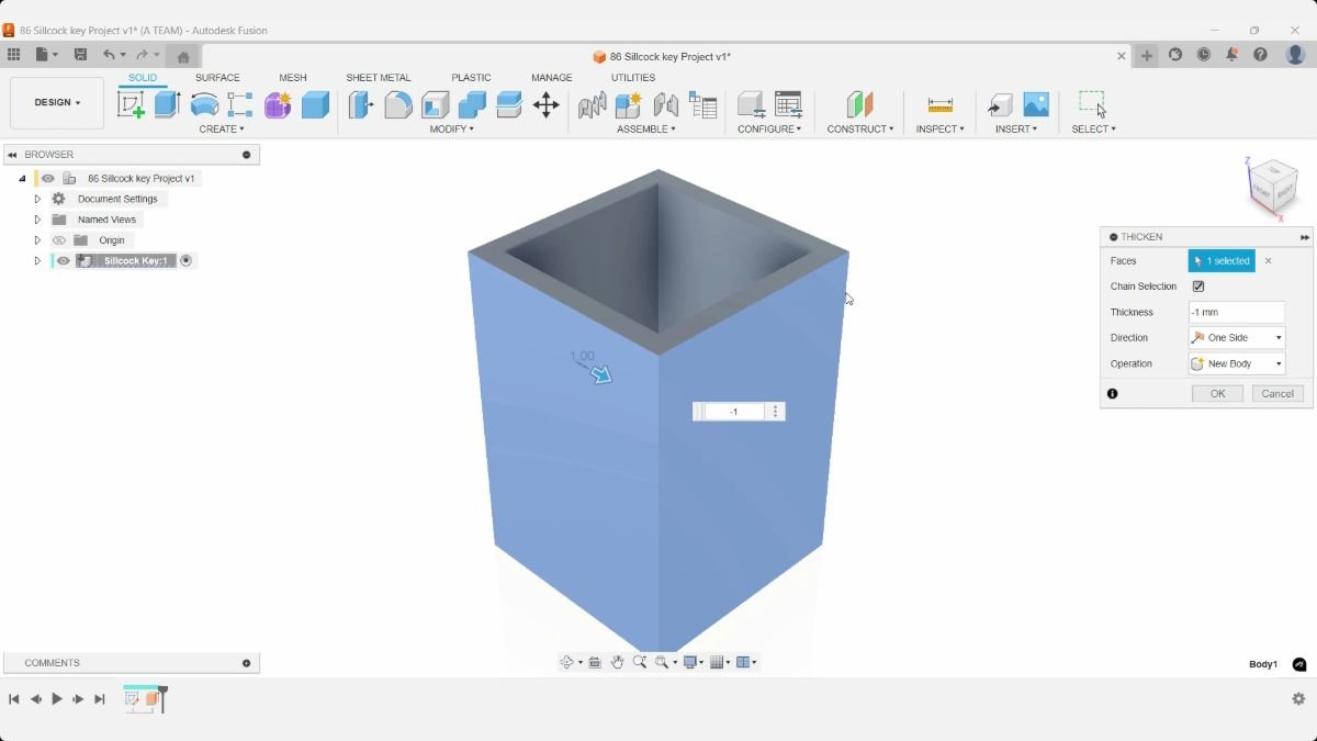 Fusion Thicken preview of sillcock key socket walls with a thickness of minus 1 mm.