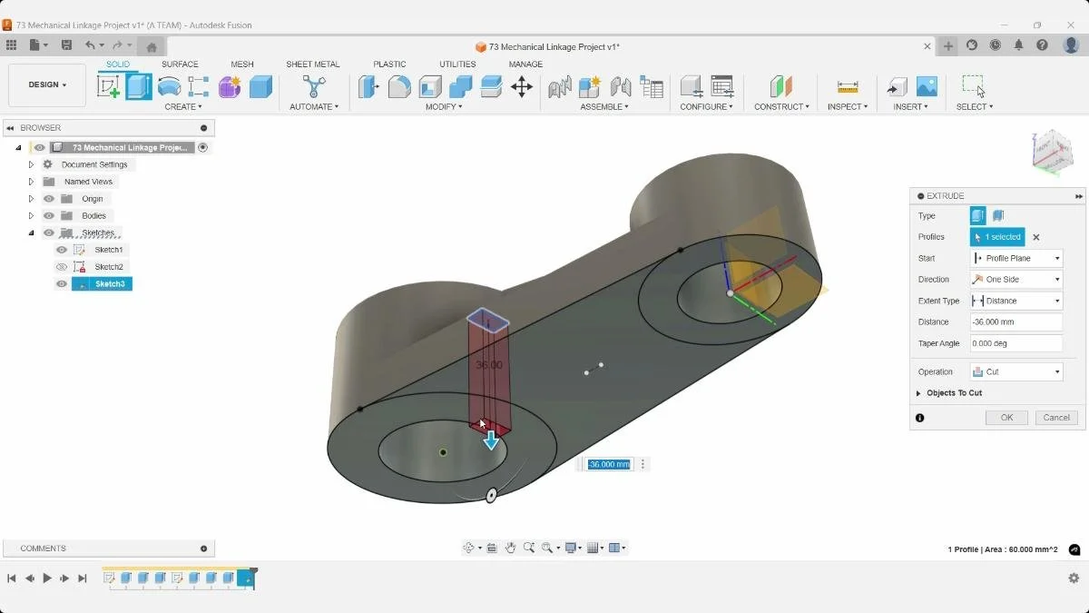Cutting slot feature through linkage body in Fusion
