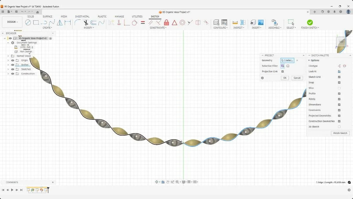 Fusion project command used to capture wave edge from surface sweep for pen holder sketch