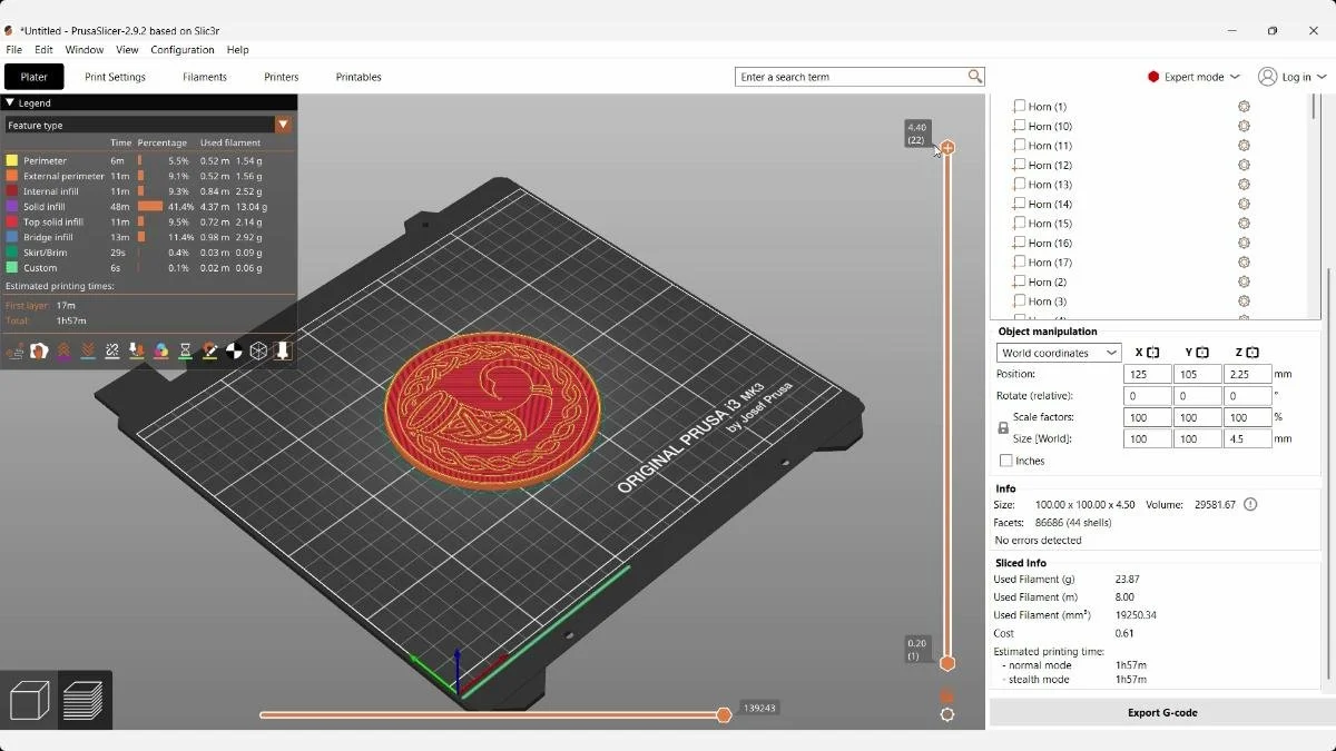 PrusaSlicer preview of a 100 mm Viking coaster with estimated print time and material use.