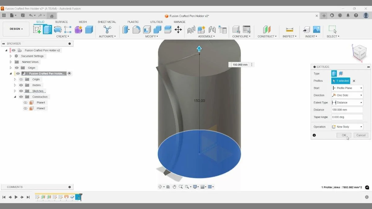 fusion extrude base cylinder pen holder height match
