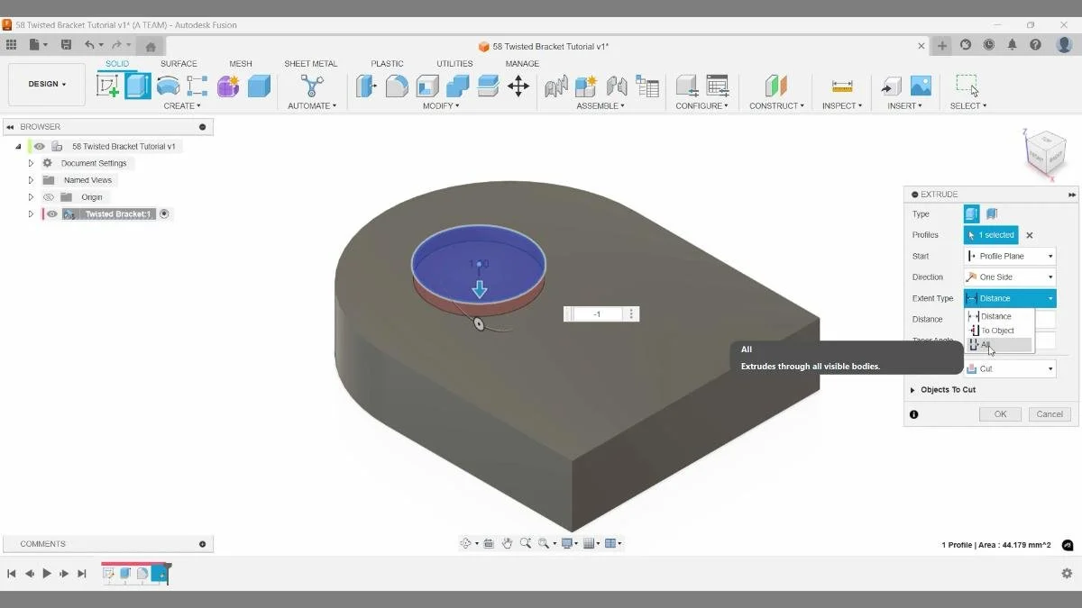 fusion extrude cut hole feature twisted bracket tutorial