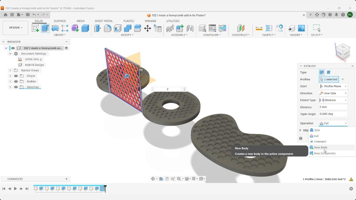 Fusion Extrude operation menu open beside a vertical honeycomb sketch intersecting an existing body.