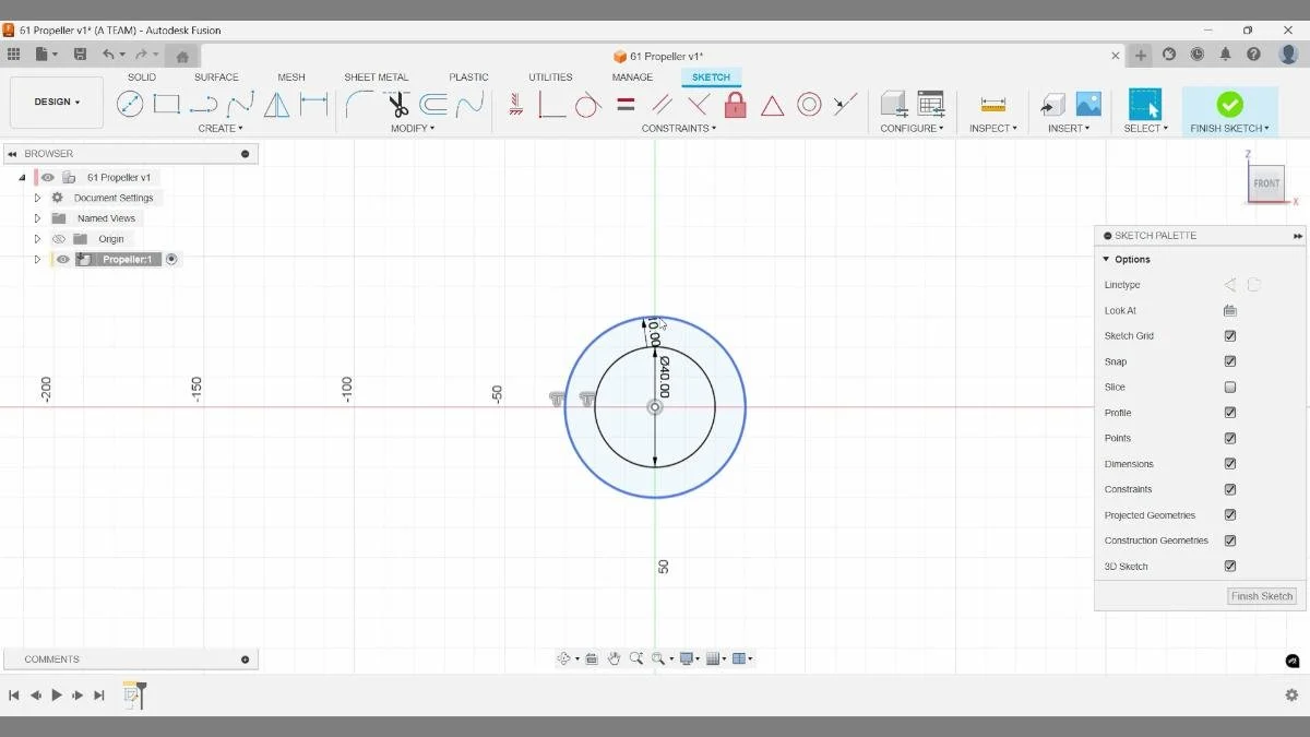 Fusion sketch with two concentric circles defining propeller hub diameter.