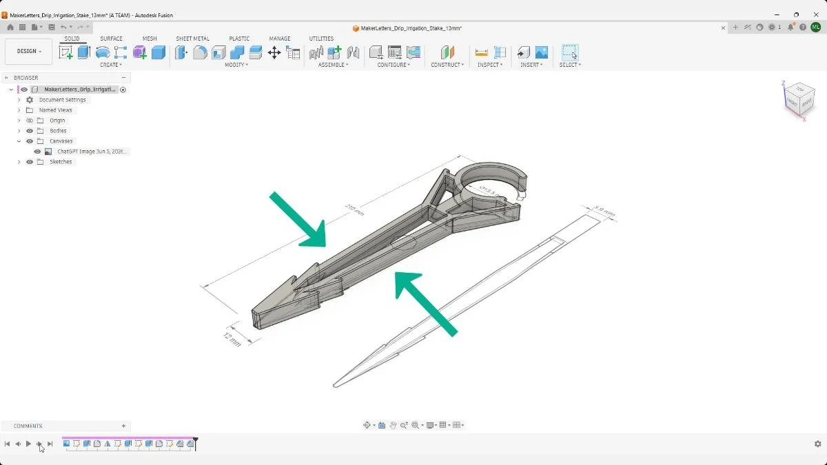 Chamfer added to the drip irrigation stake for improved appearance and easier 3D printing.