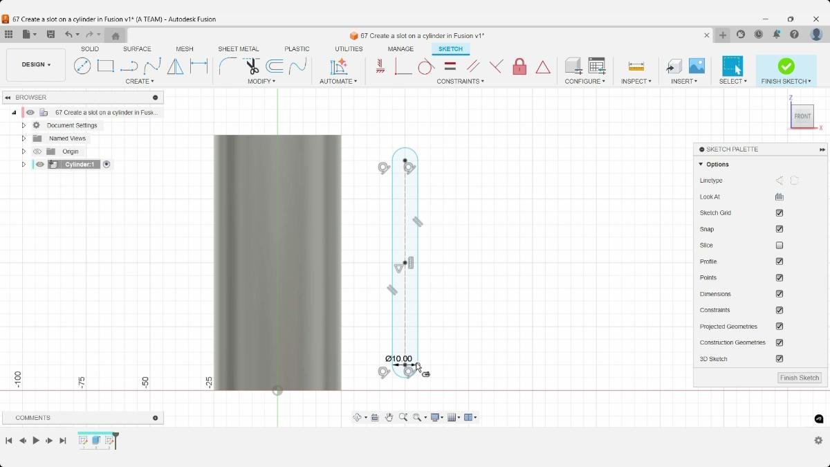 Center-point slot sketch aligned beside cylinder