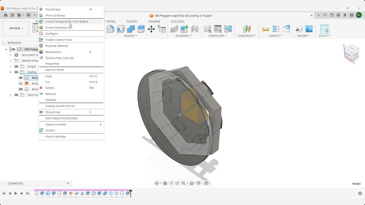 Fusion Browser menu with Create Components from Bodies selected for the snap fit parts.
