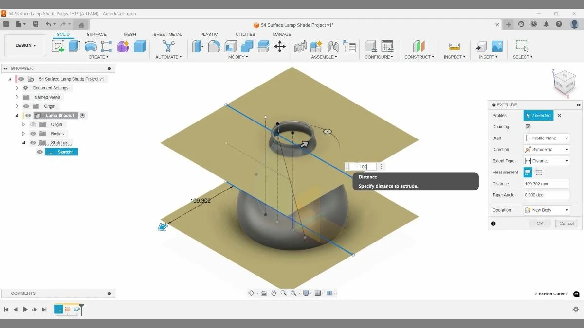 Fusion surface extrude creating top and bottom splitting surfaces