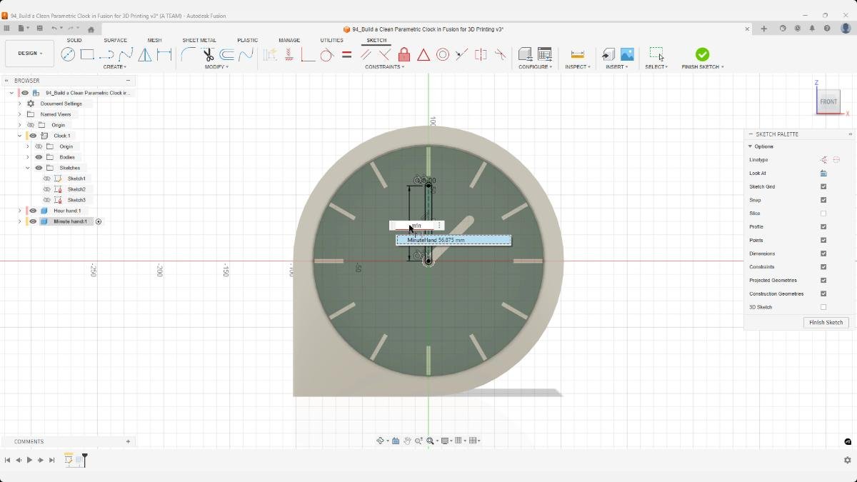 Dimensioning the minute hand sketch in Fusion using user parameters.