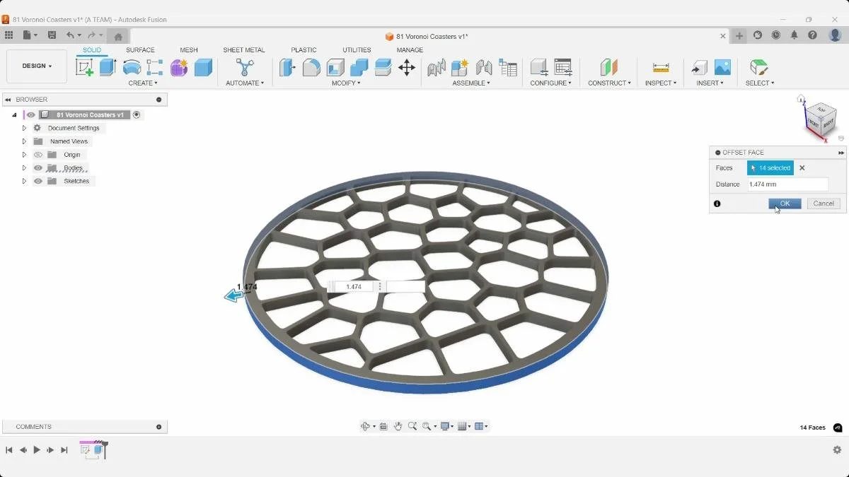 Fusion Offset Face expanding 14 outer rim faces of the Voronoi coaster by 1.474 mm.
