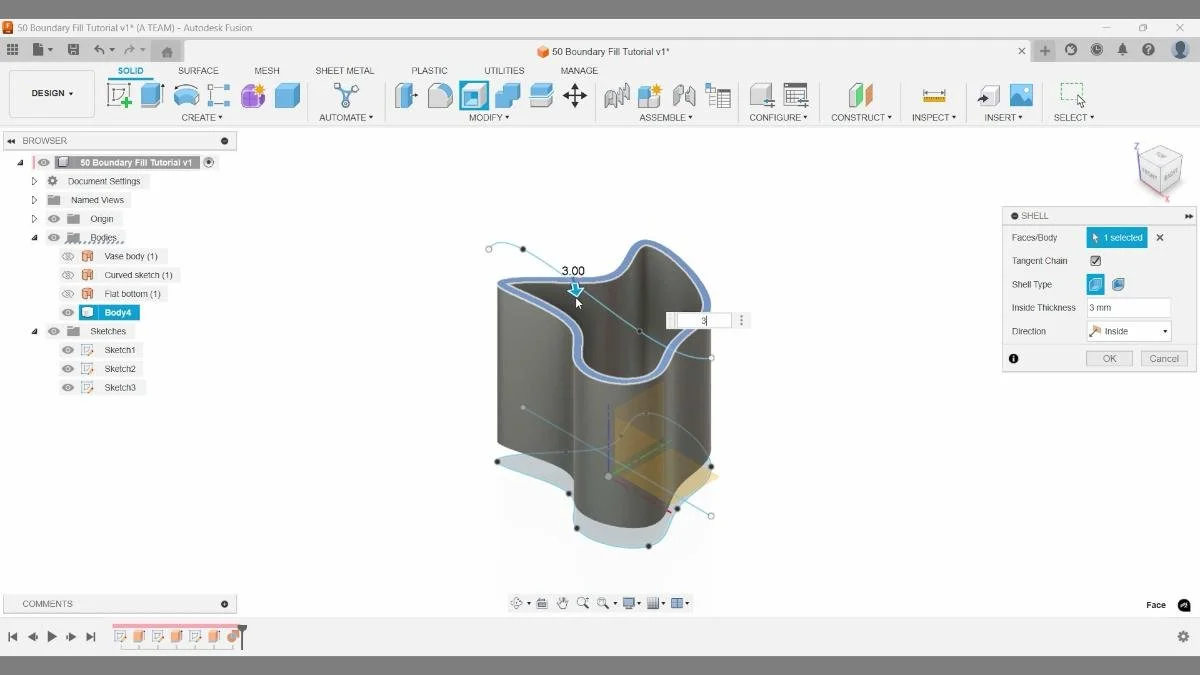 Autodesk Fusion Shell command showing how solid modeling continues smoothly after a Boundary Fill operation