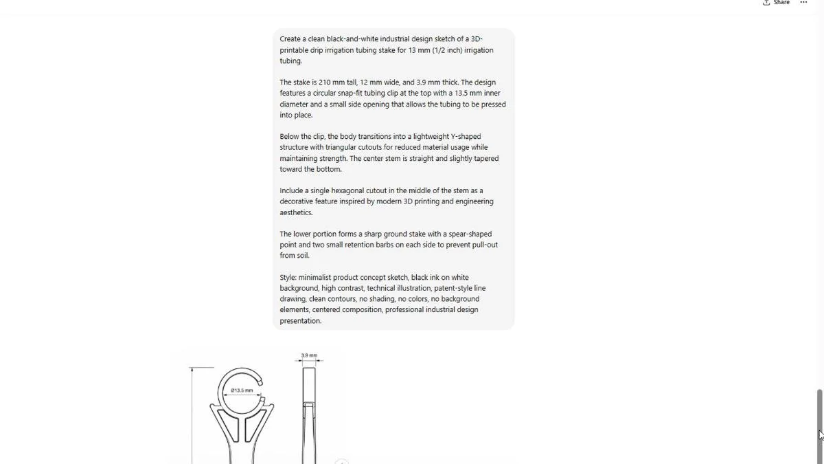 AI-generated concept sketch for a 13 mm drip irrigation tubing stake.