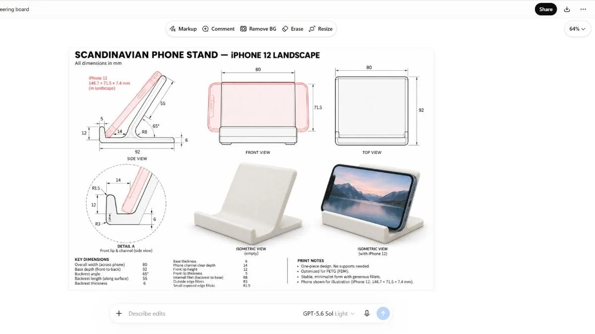 Dimensioned phone stand drawing with side, front and top views plus two rendered views.