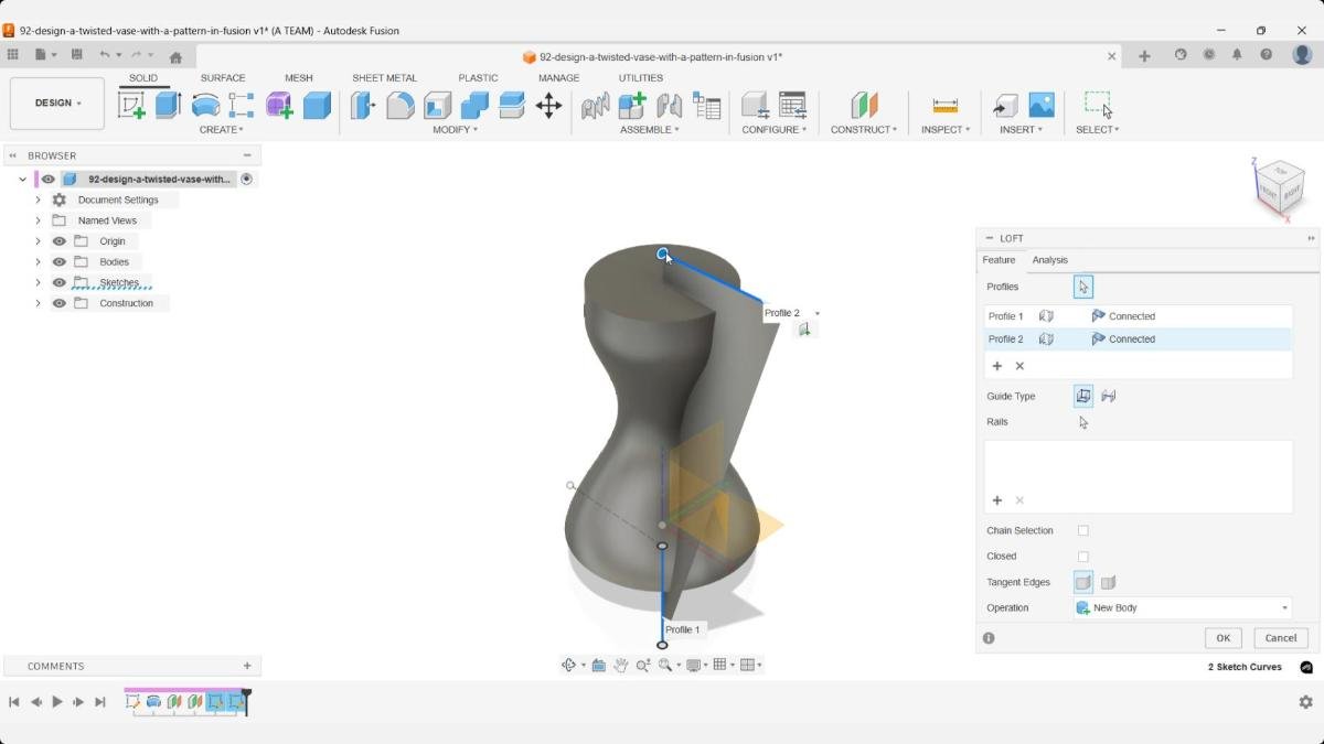 Fusion loft setup showing two sketch profiles connected by a guide curve to create the twisted surface used for the vase’s exterior pattern.
