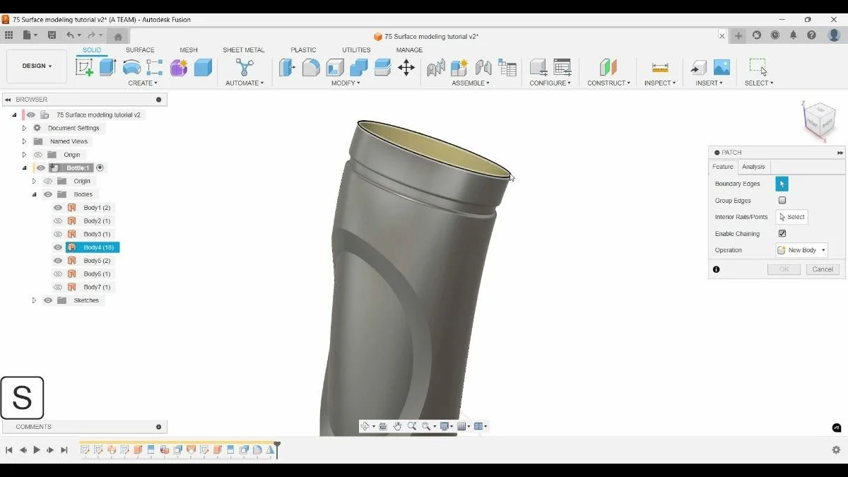 Closing the open top of a bottle using the Patch command in Autodesk Fusion.
