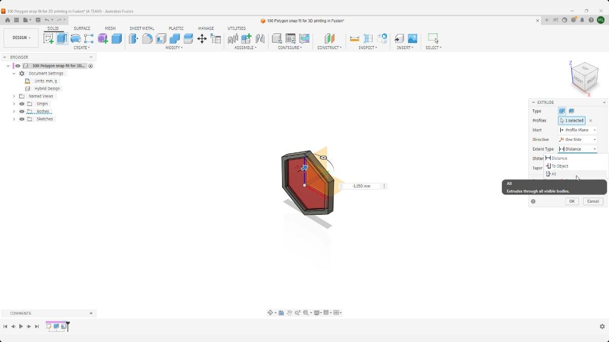 Fusion extrude cut using Extent Type All on the snap fit body.
