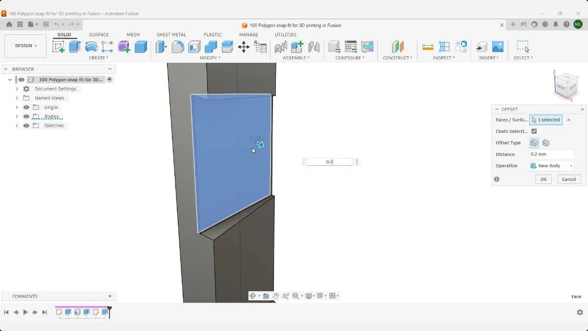 Fusion Offset Surface command creating 0.2 mm clearance for a snap fit.